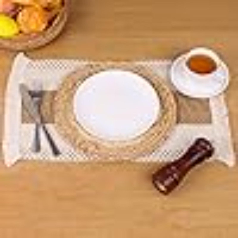 Handmade Boho Placemats Set Of 4 - Natural Cotton Burlap And Water Straw Woven Combination Table Mats, Macrame Décor And Farmhouse Style Placemats, For Dining Table Kitchen
