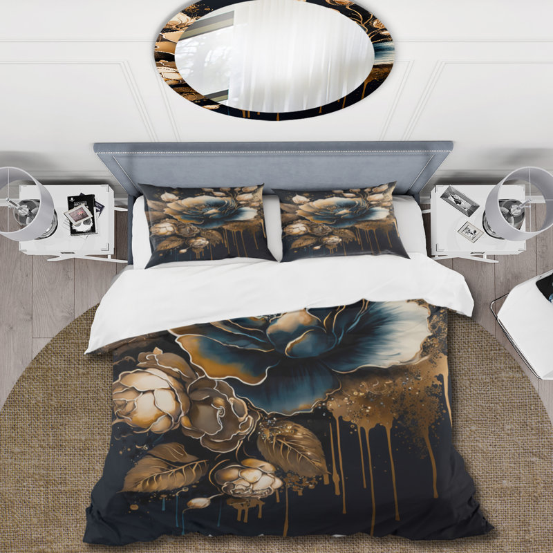 Ensemble de housse de couette floral bleu marine et rose doré II - microfibre de polyester