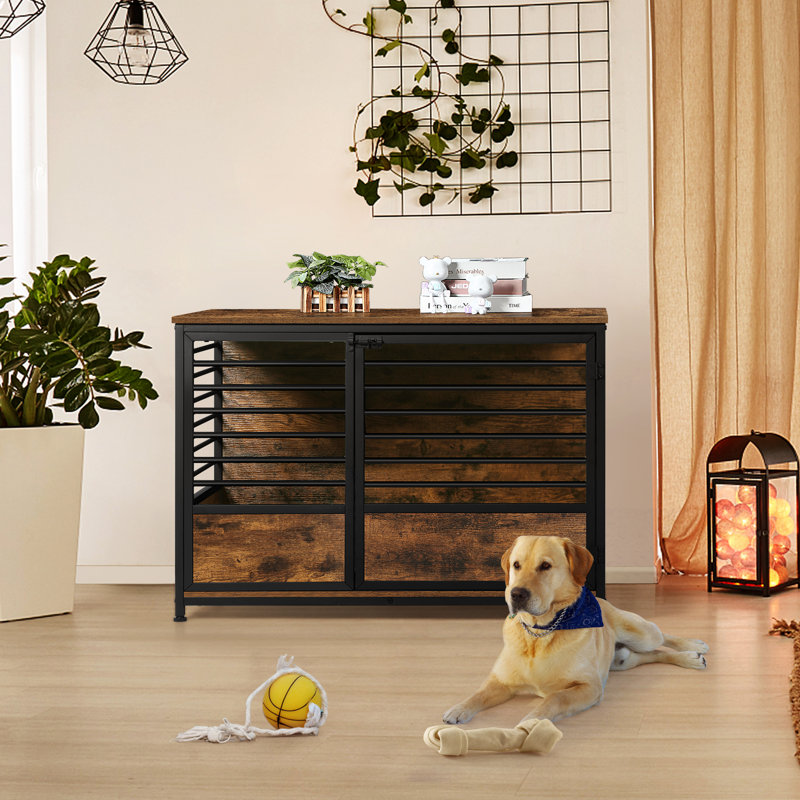 Dog Crate And Side Table, Large,Oak, Brown