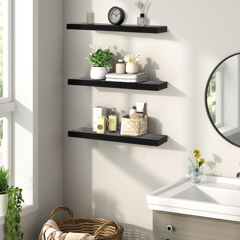 Solid Wood Floating Shelf (Set of 3), Black