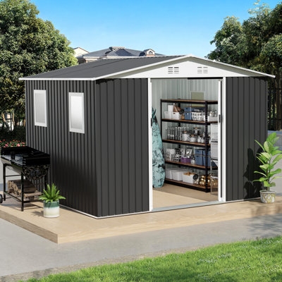 Remise de jardin en métal 10 x 8 pi avec porte coulissante et 4 fenêtres avec toit Apex