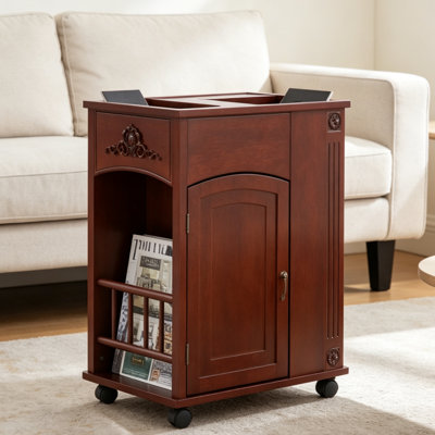Table de bout traditionnelle en bois avec station de charge et rangement intégrée, table de chevet étroite pour la chambre à coucher et le salon - Finition noyer rouge