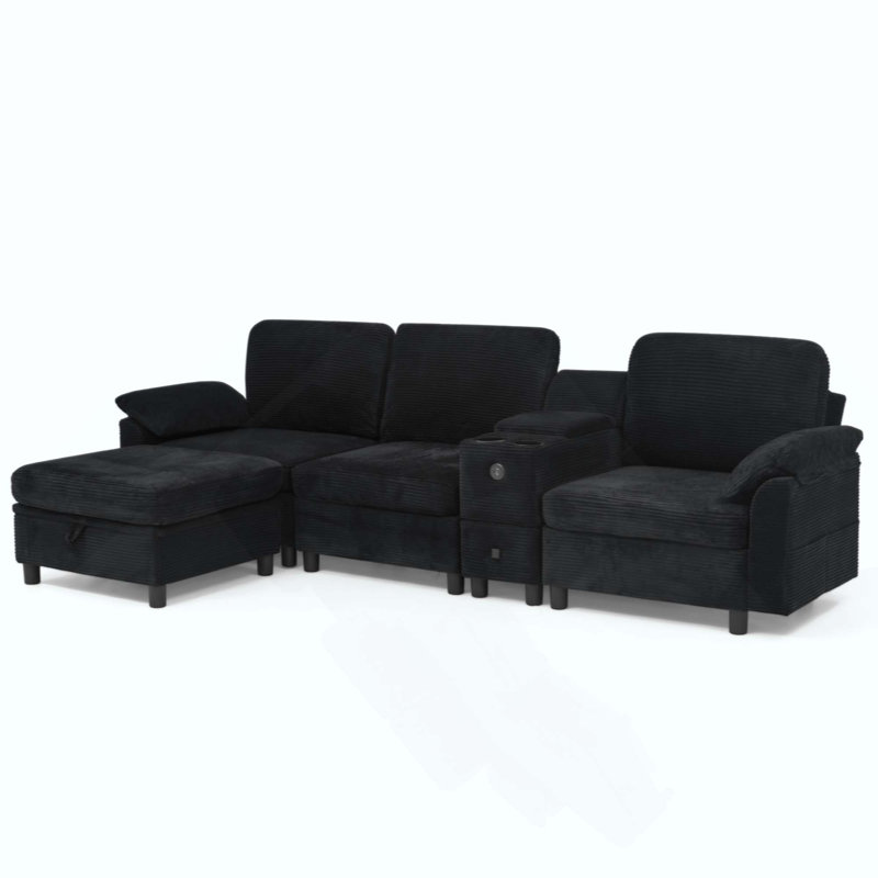 Canapé modulaire moderne en L avec rangement tout-en-un, poches d'accoudoirs de rangement latérales, console centrale avec porte-gobelet, repose-pieds avec rangement relevable, siège multi-siège confortable