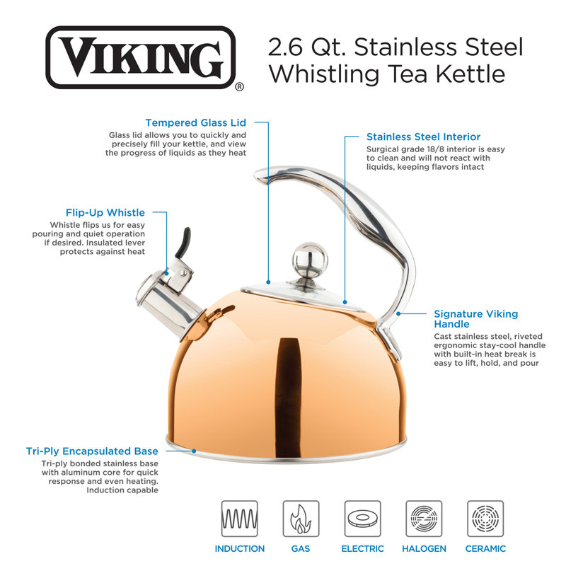 Viking 2.6-Quart Stainless Steel Kettle with 3-Ply Base, Rose Gold