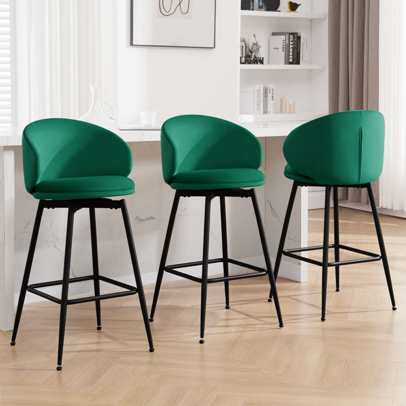 Green Velvet Upholstered Swivel Counter Height Bar Stools, Set of 2