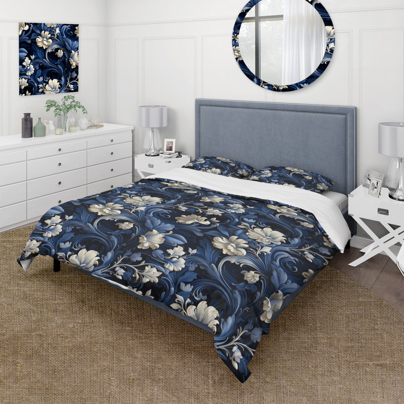 Literie majestueuse à volutes de cobalt majestueux, Housse de couette simple + 1 taie décorative stan