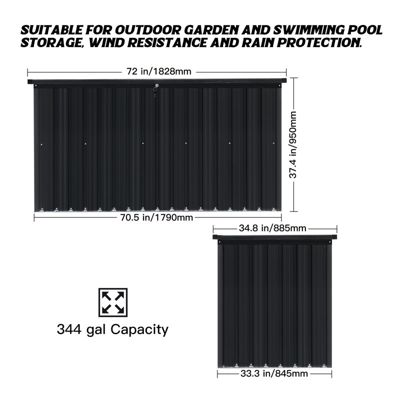 Boîte de rangement en métal 344 gallons, contenant de rangement extérieur résistant aux intempéries pour le patio, le jardin, les accessoires et les outils de piscine, noir