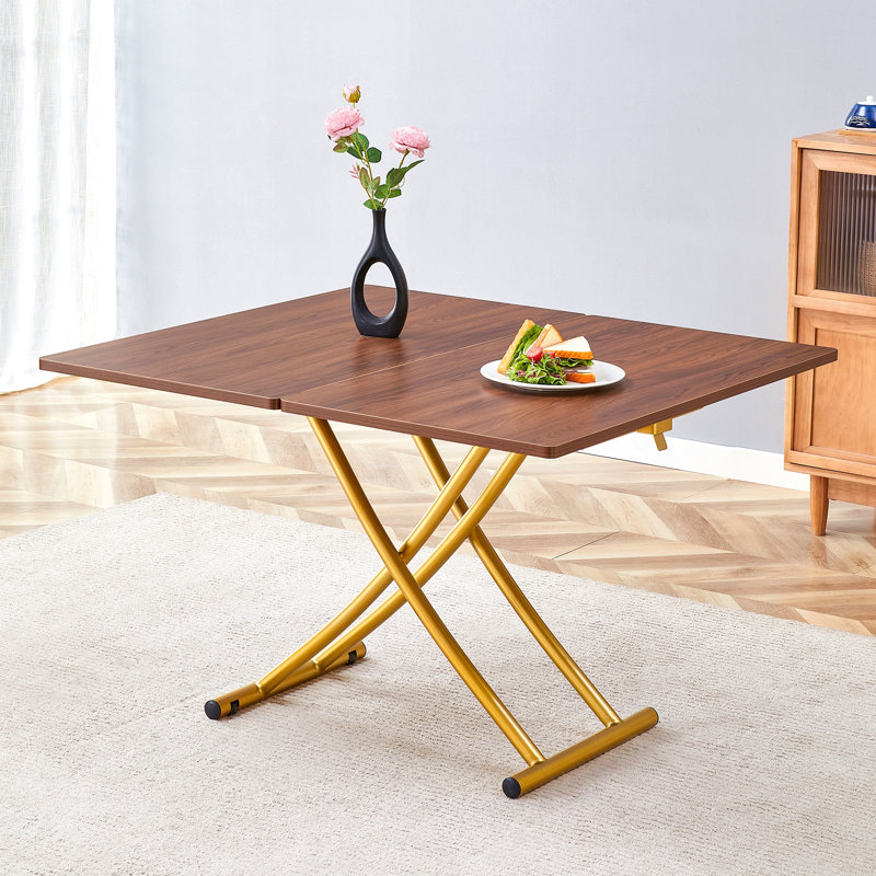 Table élévatrice multifonctionnelle moderne avec bureau en MDF de 0,8 po d'épaisseur et pieds en métal doré, pouvant être utilisée comme coiffeuse, table basse, table de salle à manger et table de bureau. Bureau texturé noyer