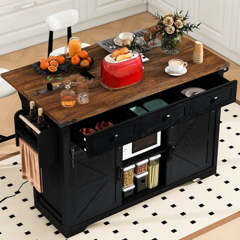 Rolling Kitchen Island With 2 Sliding Barn Doors, 53.7" Drop Leaf, Power Outlet, Spice Rack, Wheels For And Dining, Black Style Cart Dining Area, 53.7