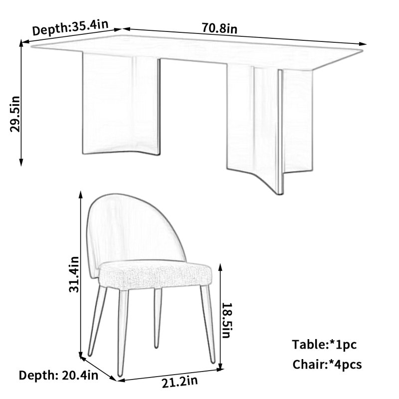 Modern Rectangular Sintered Stone Dining Table 4 - Person Double Pedestal Dining Set, 29.5"H x 70.8"L x 35.4"W