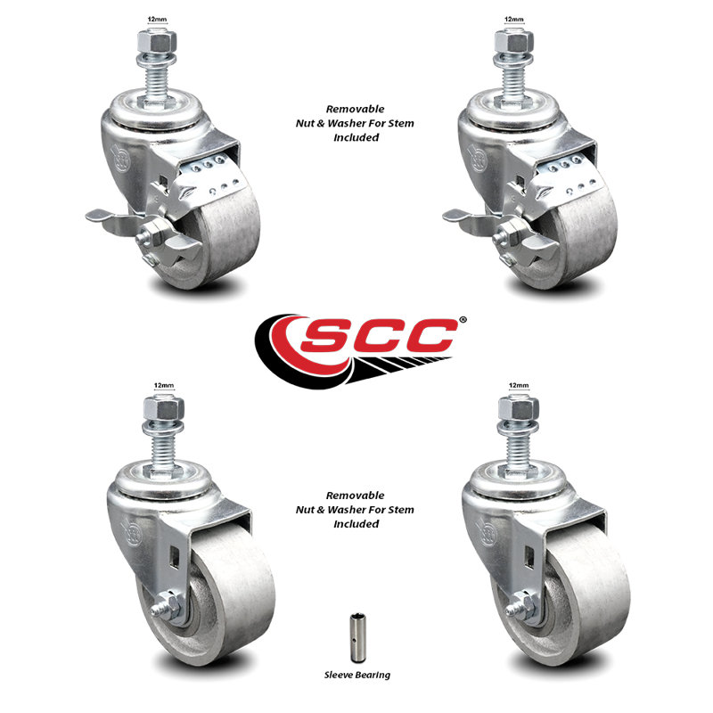 Ensemble de roulettes semi-pivotantes en acier de 4 po à 3 po avec tiges de 12 mm - 2 avec frein