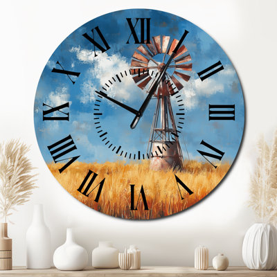 Horloge murale ronde en métal de style champêtre avec moulin à vent rustique dans un champ de blé, imprimée sur métal