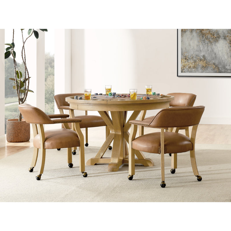 Rustic Round Oak Veneer Dining Table with Game Top