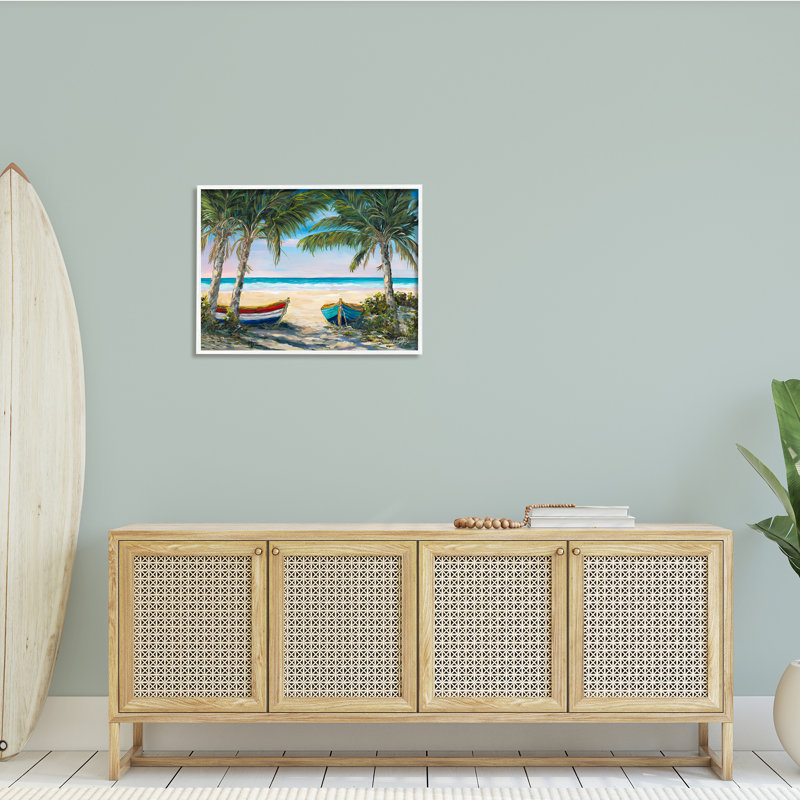 " Row Boats On Beach Shore Tropical Palm Trees " by Julie Derice, 24" H x 30" W x 1.5" D, Coastal White Framed Giclee
