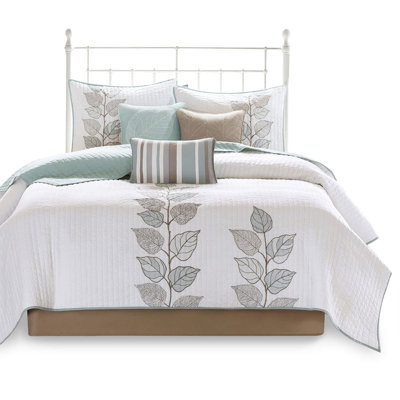 6 Piece Quilt With Embroidered Pillows, Blue King/ King, Microfiber Floral Style, Reversible Brushed , Classic Leaf Embroidery