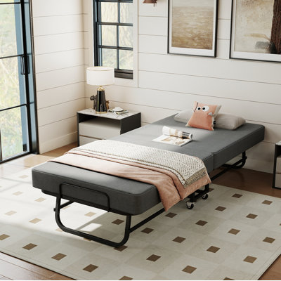 Lit pliant portatif avec matelas en mousse à mémoire de forme, roues verrouillables, tissu en lin respirant pour adultes