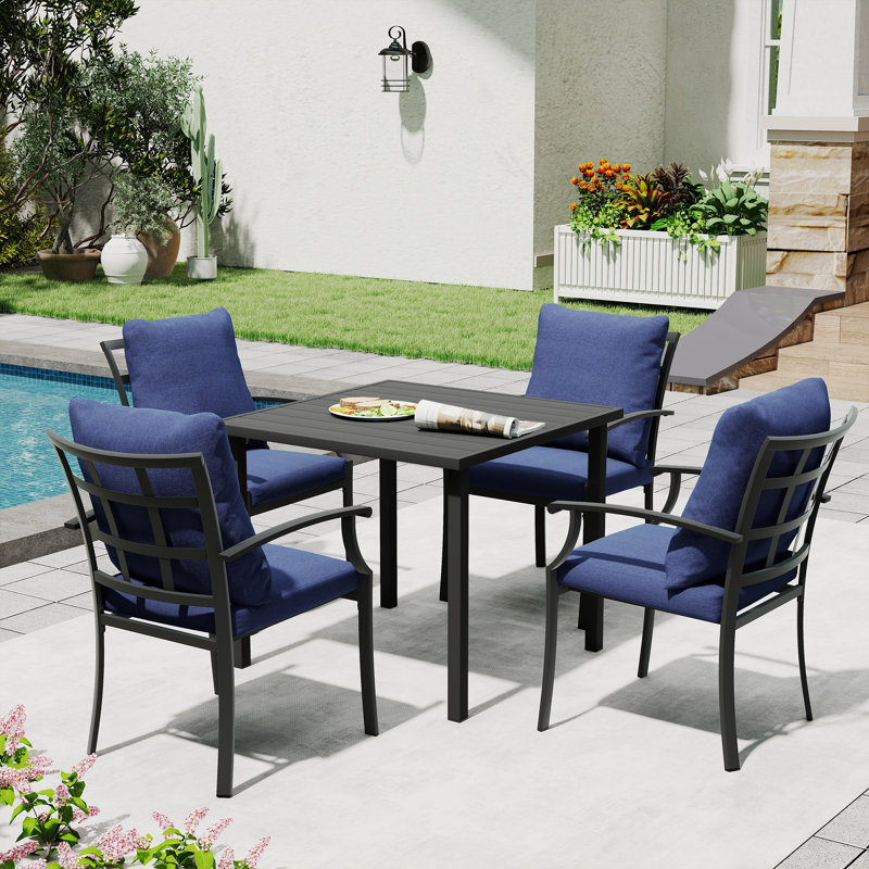 Maynard 5-Piece Black Metal Patio Dining Set With Square Table And Blue Cushions, Blue