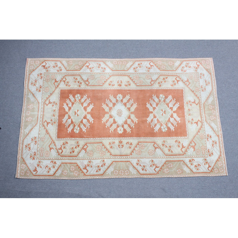 Grand tapis turc rétro Oushak beige - idéal pour les salons et les espaces de vie spacieux