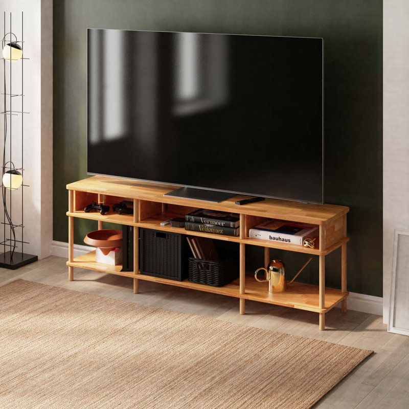 Meuble télé haut en bois massif avec tablettes ouvertes Beverly Hills - Rangement élégant avec séparateurs