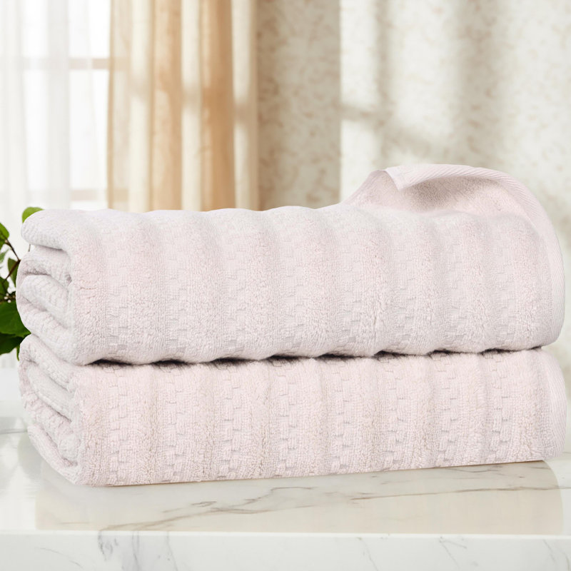 Blue Nile Mills  Zero-Twist Cotton Bath Towel Set - Waffle Stripe Texture - Quick-Dry, Silver