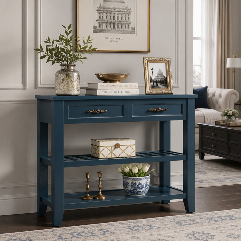 Console en bois massif de style Mid-Century avec 2 tiroirs et 2 tablettes, bleu marine, idéale pour le salon et le vestibule