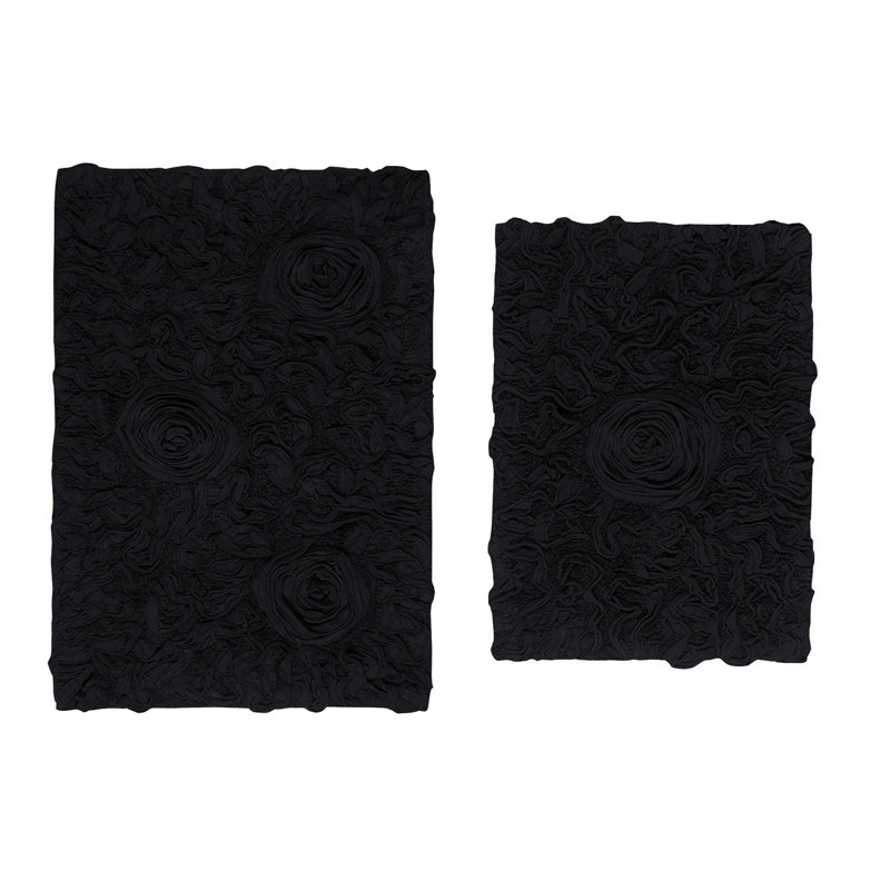 Tapis 100% coton lavable à la machine de la collection Bell Flower (ensemble de 2), Noir, noir, noir, noir