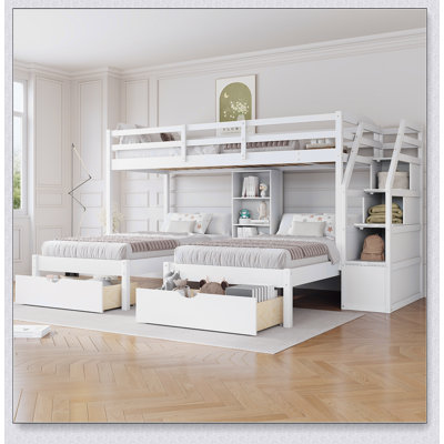 Twin Over Twin&Twin Bunk Bed, Triple Bunk Bed With Drawers, Staircase With Storage, Built-In Shelves