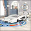 Lit plateforme simple en forme de voiture de course avec roues, blanc