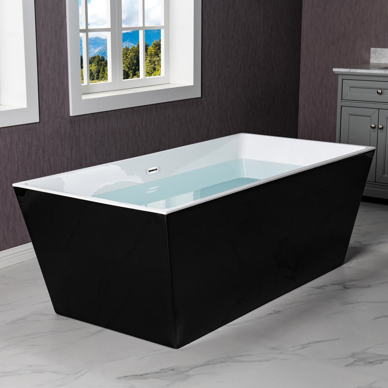67" x 32" Freestanding Soaking Acrylic Rectangular Bathtub, Non-Slip Design, Glossy Black, Chrome