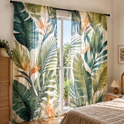 2Pcs Tropical Botanical Print Curtains with Bird of Paradise Flowers, Watercolor Style, Lush Greenery Theme, Decorative Window Treatment, Ideal for Living Room, Bedroom, Kitchen, Resort Ambiance, Grommet Top Hanging, Light Filtering