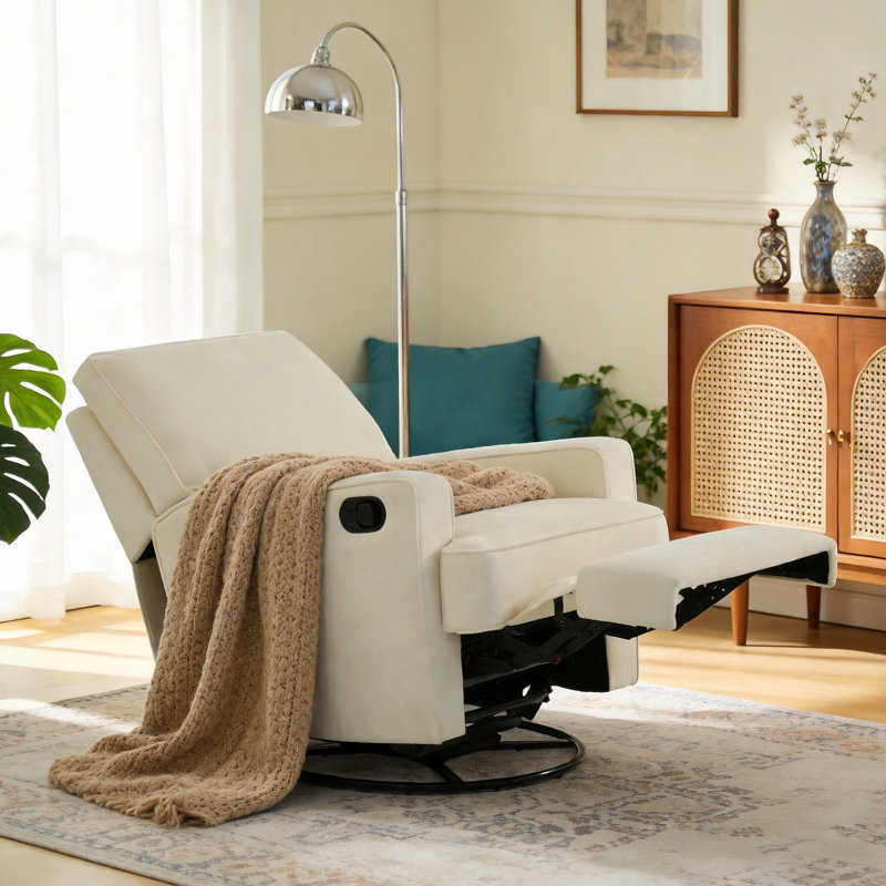 Fauteuil inclinable et oscillant pivotant à 360 ° 33 po CAMDEN - Revêtement en velours adapté aux animaux de compagnie, coussin à ressorts ensachés, chambre de bébé et confort de salon