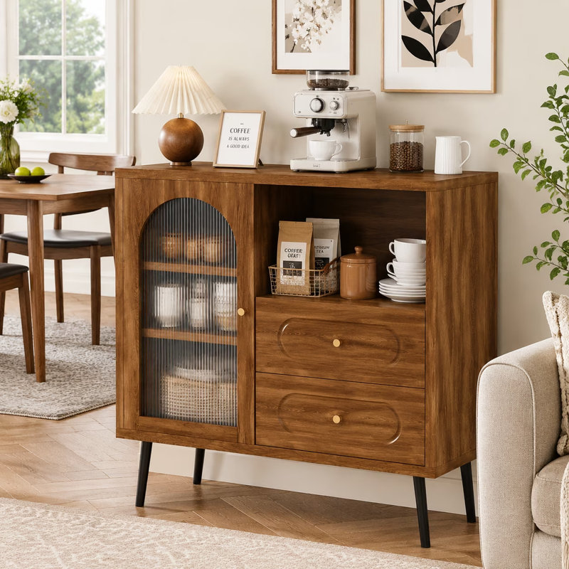 Buffet 31,5 ", armoire de rangement pour la cuisine, armoire décorative avec 2 tiroirs, 4 tablettes et 1 porte en acrylique