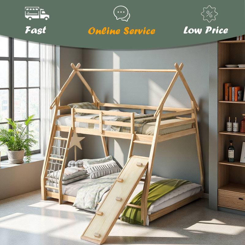 Lit superposé simple au-dessus de grand lit avec filets d'escalade et rampe d'escalade, Naturel