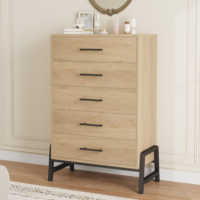 50.5-Inch Tall 5-Drawer Freestanding Cabinet in Natural Oak - Large Capacity Wood Storage Unit for Living Room, Bedroom or Entryway