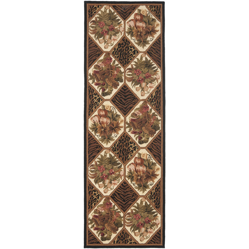 Tapis brun/vert en laine crocheté à la main Lyco, Tapis de couloir beige