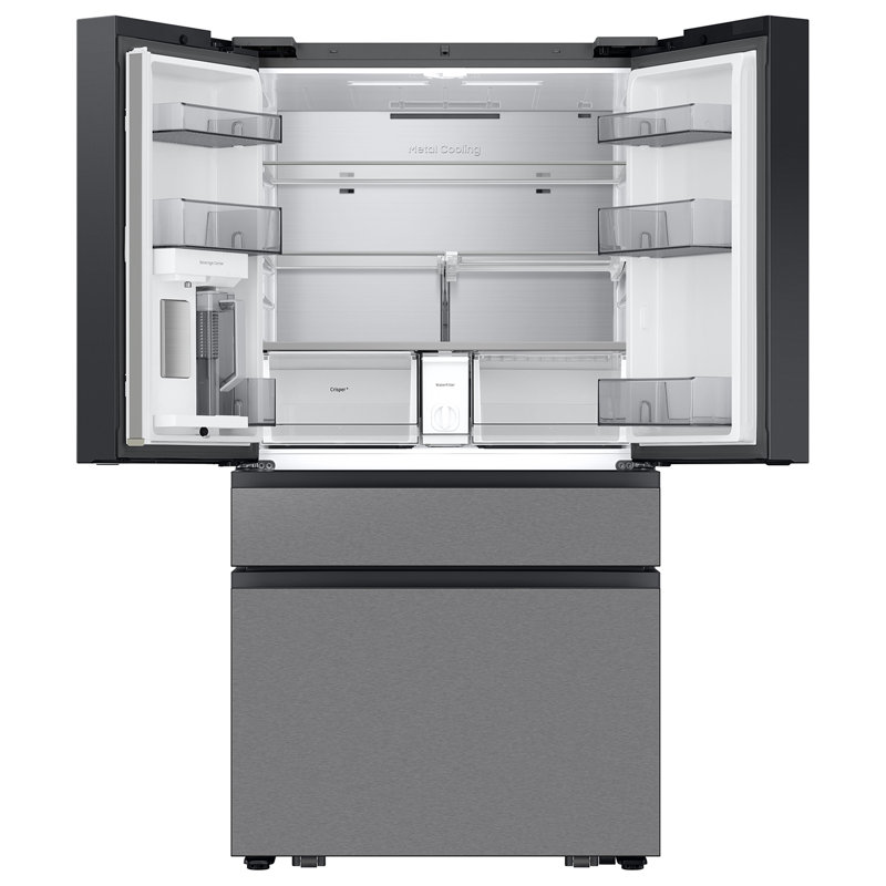 Samsung Bespoke 23 cu. ft. Counter Depth 4-Door French Door Refrigerator with AI Family Hub+ & Inner Beverage Center in Charcoal Glass and Stainless Steel