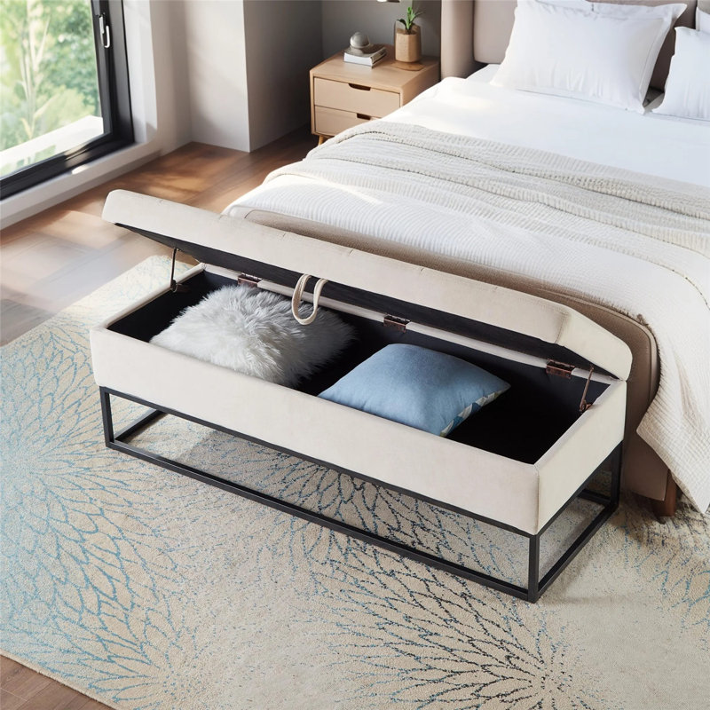 Banc de rangement en velours 58,6 po, Beige, Noir