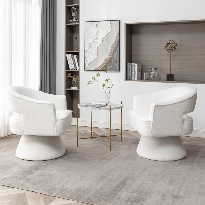 Fauteuil demi-tonneau pivotant de 28 po Kenzlee, Tissu en peluche blanc