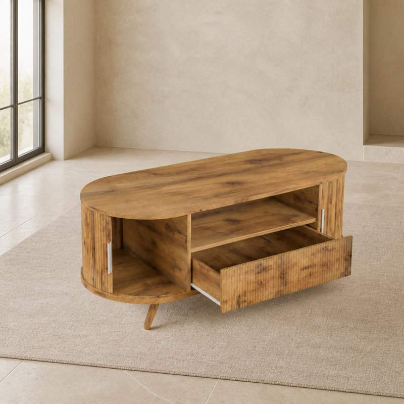 Table basse ovale de style Mid-Century moderne avec rangement intégré, table de salon fonctionnelle avec tiroir, porte coulissante lisse et poignée cannelée décorative en bois, table d'appoint multi-usage