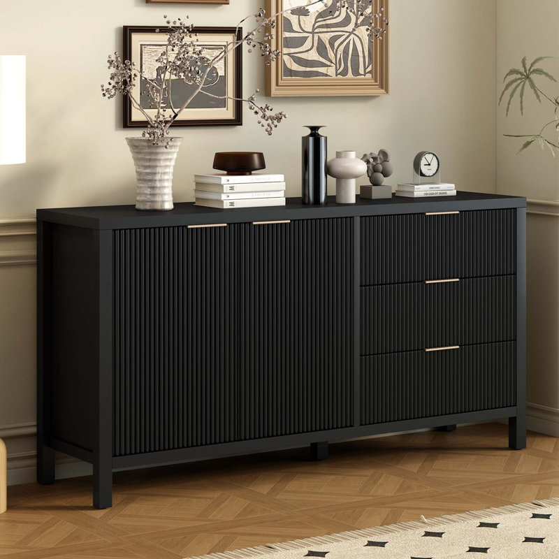 60"W Minimalist Wave-Pattern Sideboard With Functional Storage, Black