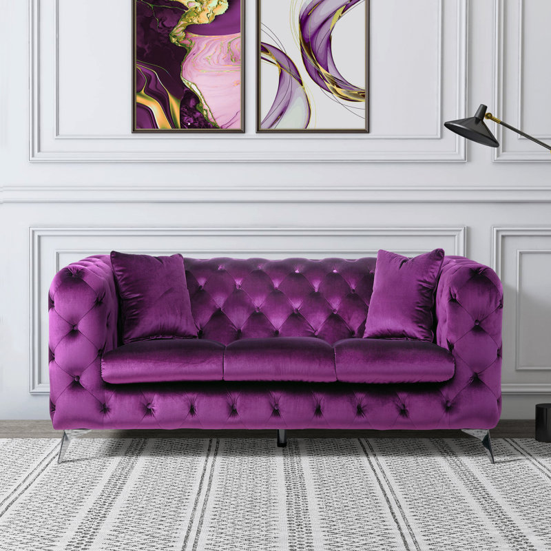 Godsey Upholstered Sofa with Metal Leg, Purple Velvet, 30" H x 72" W x 41" D