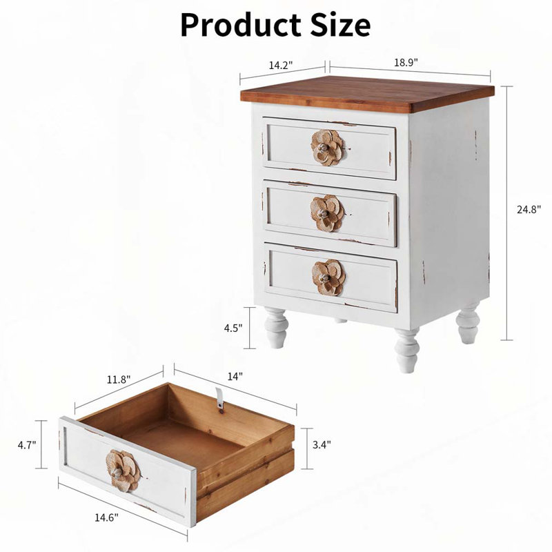 3-Drawer Storage Side Table, Antique White