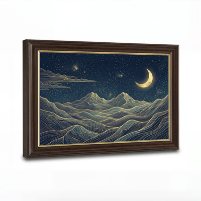 Toile murale représentant des montagnes sous un croissant de lune doré (dessin au trait)