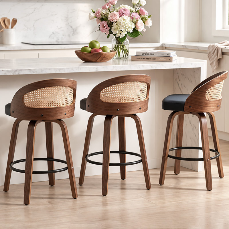 Swivel Upholstered Faux Leather Bar Stool with Solid Wood Frame, Black Faux Leather, Counter Stool (63.5cm Seat Height)
