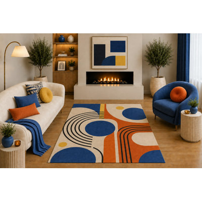 Tapis à motif géométrique à rayures géométriques bleu marine crème ultra léger de 5 pi x 7 pi «Ultra Léger» pour le salon, la chambre, la salle à manger, le bureau, le dossier en silicone antidérapant et le velours