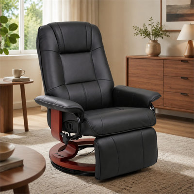 Fauteuil inclinable pivotant en similicuir noir avec base en bois et repose-pieds extensible pour le salon