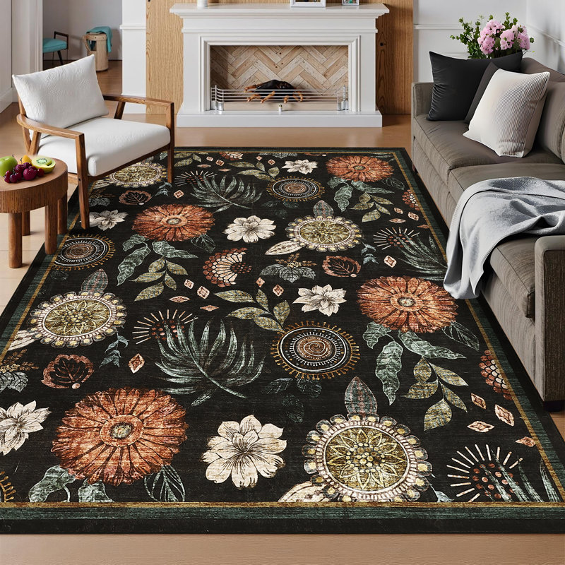 Tapis floral lavable à la machine avec envers en TPR antidérapant, Rectangle 9 pi x 12 pi