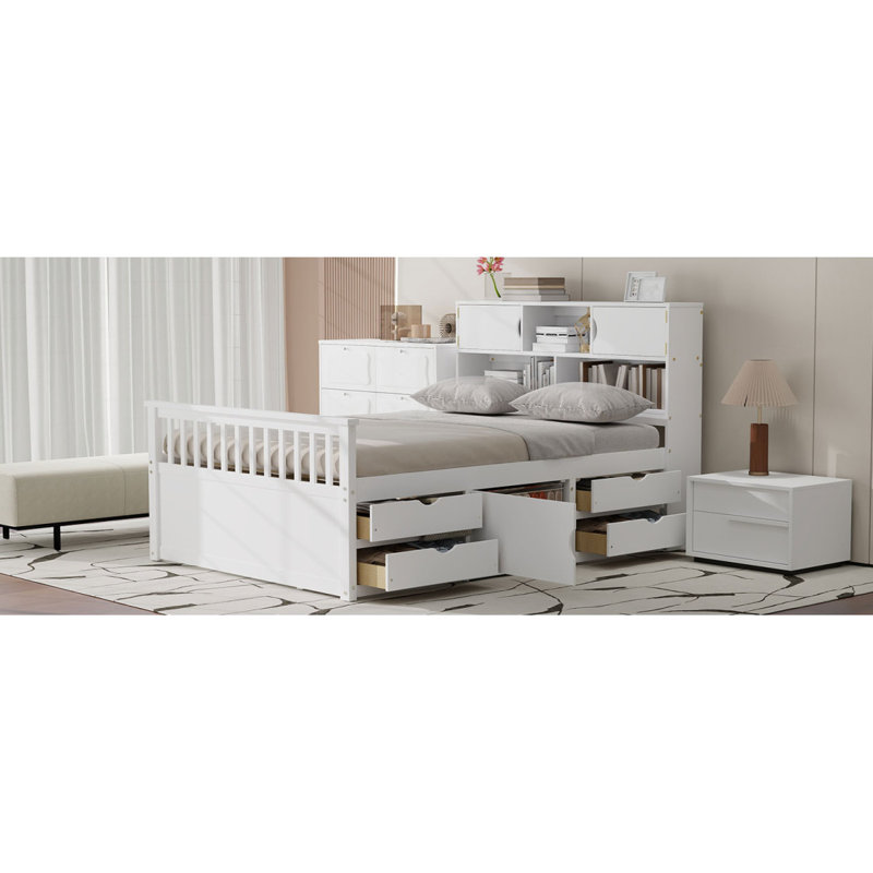 Captain Platform Bed Frame With Storage Bookcases And Shelves,Four Drawers, White