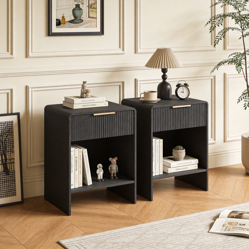 Arcen 1-Drawer Nightstand with Fluted Front, Individual, Black