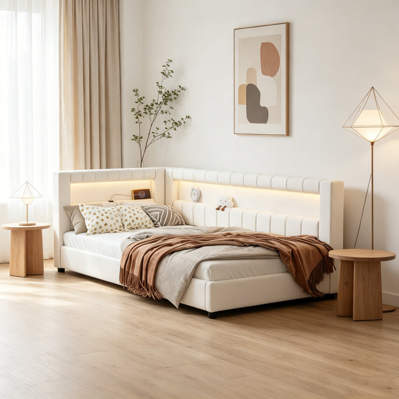Lit plateforme simple tapissier crème blanc avec ports de charge USB et ceinture lumineuse à DEL, Cream White